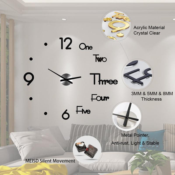 3D FRAMELESS DIY LARGE WALL CLOCK