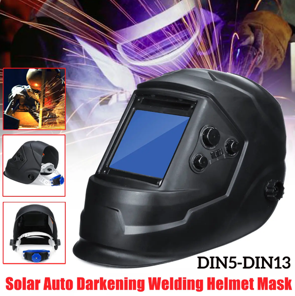 Solar Auto-Darkening Welding Helmet With Big View Area 4 Sensors External Adjustment Arc Tig Mig DIN5-DIN13