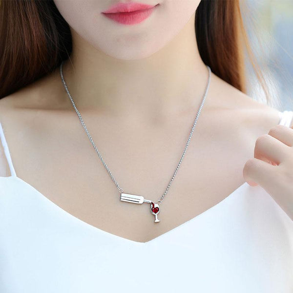 Wine Bottle Pouring Into A Cup Filling Love Heart Necklace