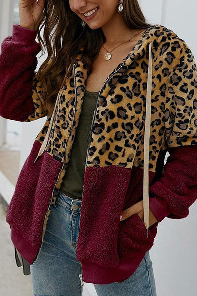 Chic Leopard Zip-Up Patchwork Hooded Coat(5 Colors)