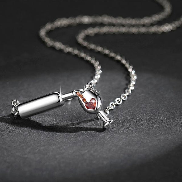 Wine Bottle Pouring Into A Cup Filling Love Heart Necklace