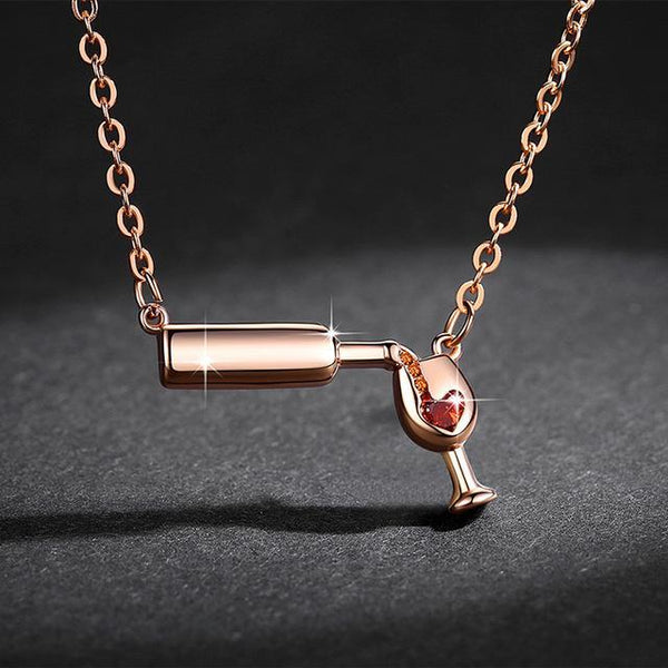 Wine Bottle Pouring Into A Cup Filling Love Heart Necklace