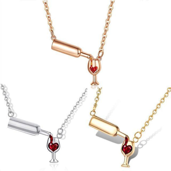 Wine Bottle Pouring Into A Cup Filling Love Heart Necklace