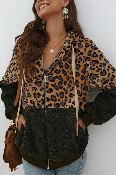 Chic Leopard Zip-Up Patchwork Hooded Coat(5 Colors)