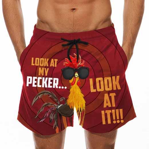 Men's Animal Cartoon Big Cock Print Look At My Pecker Look At It Swimming Shorts