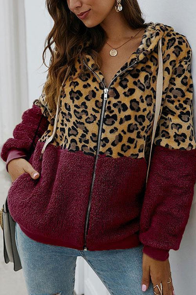Chic Leopard Zip-Up Patchwork Hooded Coat(5 Colors)