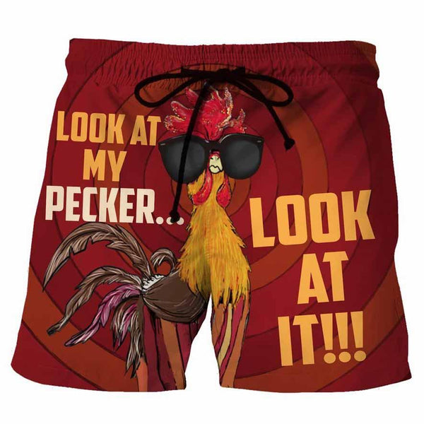 Men's Animal Cartoon Big Cock Print Look At My Pecker Look At It Swimming Shorts