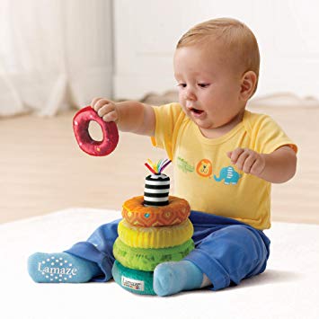 Rainbow Stacking Rings Toy, Help Baby Develop Fine Motor Skills and Hand-Eye Coordination with Multiple Textures, Bold Colors, Playful Patterns and Crinkly Sounds, 6 Months and Older