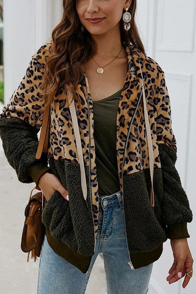 Chic Leopard Zip-Up Patchwork Hooded Coat(5 Colors)