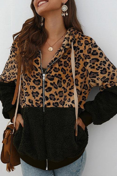 Chic Leopard Zip-Up Patchwork Hooded Coat(5 Colors)