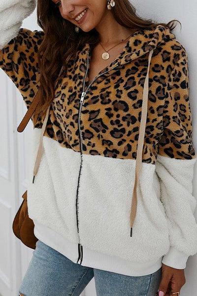 Chic Leopard Zip-Up Patchwork Hooded Coat(5 Colors)