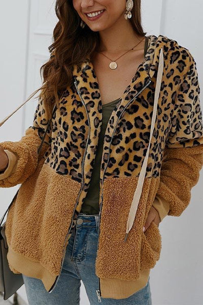 Chic Leopard Zip-Up Patchwork Hooded Coat(5 Colors)