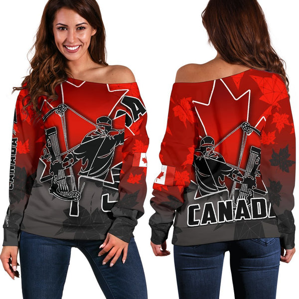 Canada Women's Off Shoulder Sweater Archery With Maple Leaf TH4
