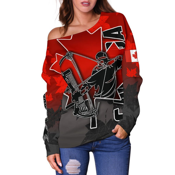 Canada Women's Off Shoulder Sweater Archery With Maple Leaf TH4