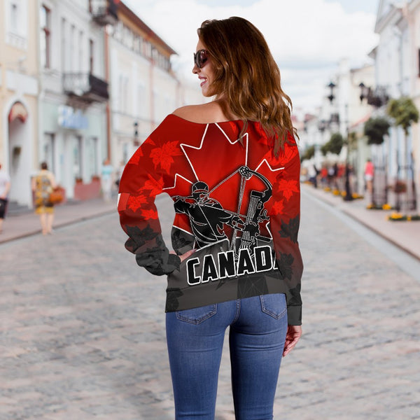 Canada Women's Off Shoulder Sweater Archery With Maple Leaf TH4