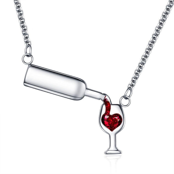 Wine Bottle Pouring Into A Cup Filling Love Heart Necklace