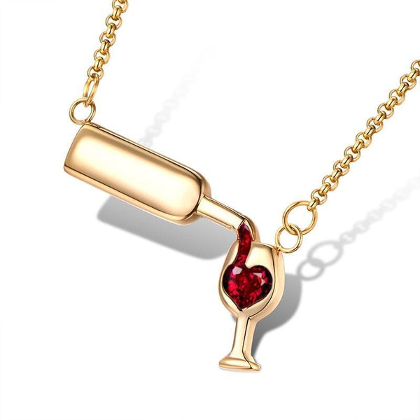 Wine Bottle Pouring Into A Cup Filling Love Heart Necklace