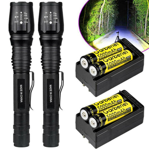 2 x Tactical 1500 Lumens 5 Modes T6 LED Flashlight +18650 Battery+ Charger