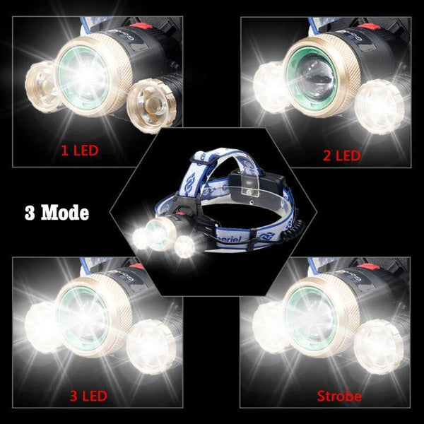 Zoomable Headlamp 3x T6 LED Headlight Head Light 18650 Flashlight Torch