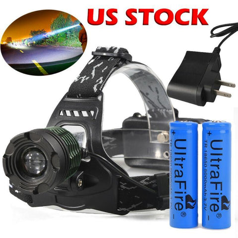 Zoomable Headlamp T6 LED Headlight Flashlight +Charger+18650 Battery